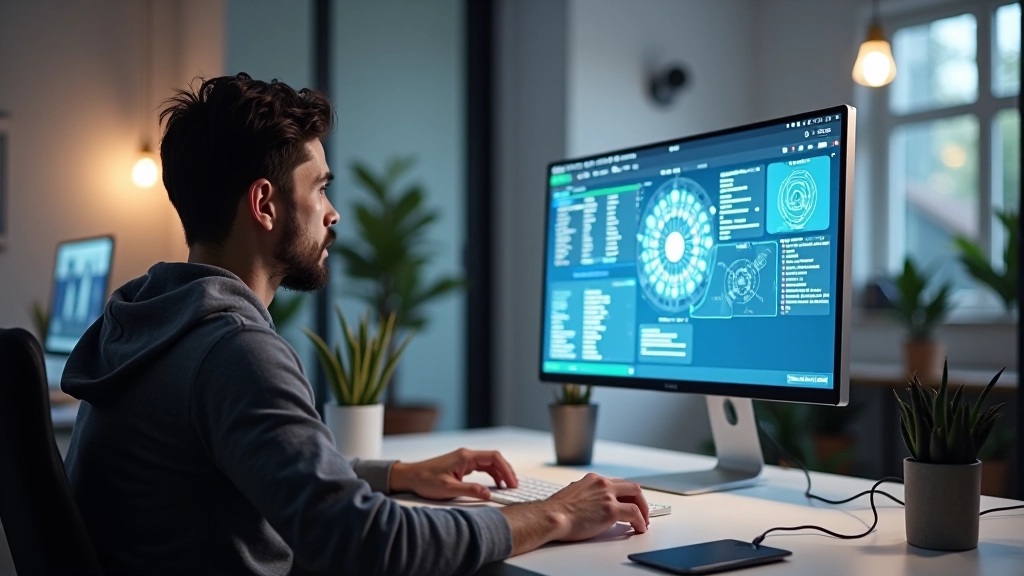 Bilgisayar ekranında metin-görsel yapay zeka arayüzü, tasarımcı başında oturuyor, modern ofis ortamında