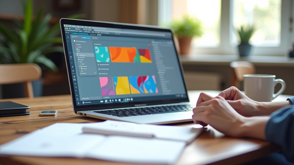Tasarımcının monitörü, Midjourney arayüzünde renkli tasarım varyasyonları görülüyor, ışık rengi beyaz, yakın çekim