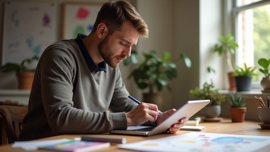 Tablet üzerinde dijital tasarım yapan bir sanatçı, yaratıcı atölye ortamında çalışıyor