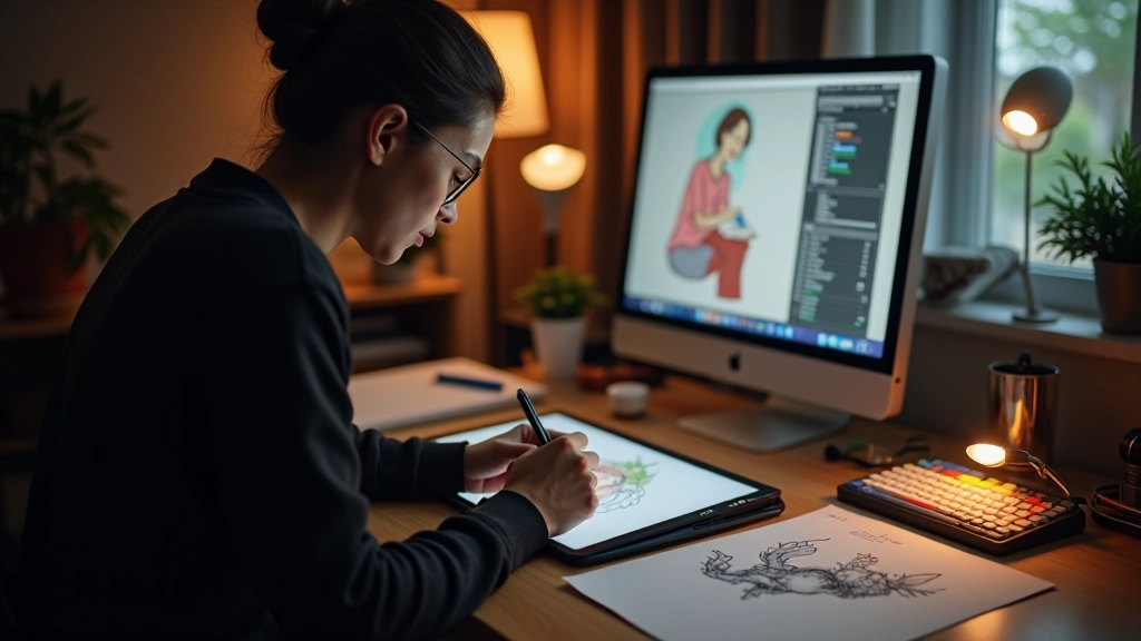 İllüstratör, çizim tableti kullanarak dijital sanat yaratıyor, yaratıcı çalışma alanında