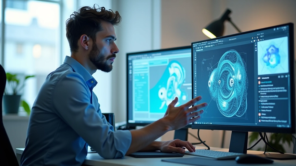 Tasarımcı, yapay zeka tarafından oluşturulmuş konsept görselleri inceliyor, iki monitörlü kurulum, modern tasarım stüdyosu