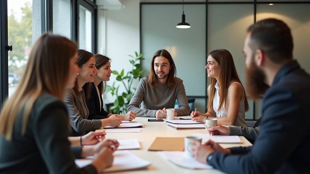 Yaratıcı profesyoneller toplantı masasında bir araya gelmiş, tartışıyor, not alıyor
