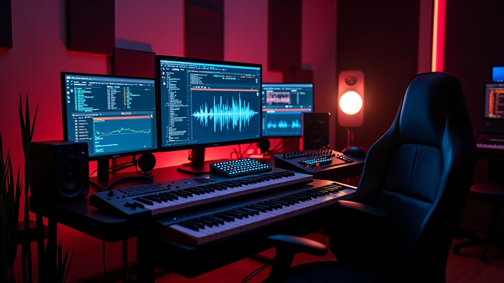 Gelecekçi müzik stüdyosu, holografik yapay zeka ekranları ve modern teknoloji gösteriliyor