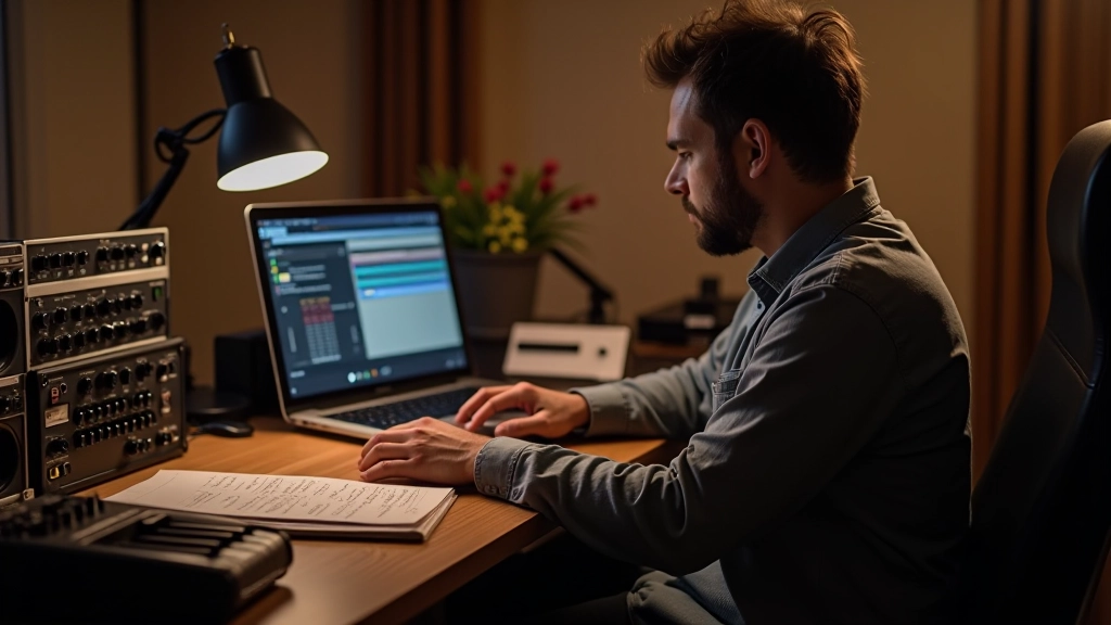 Müzik bestecisi, masasında notalar, synthesizer ve bilgisayarla makam müzik çalışması yapıyor
