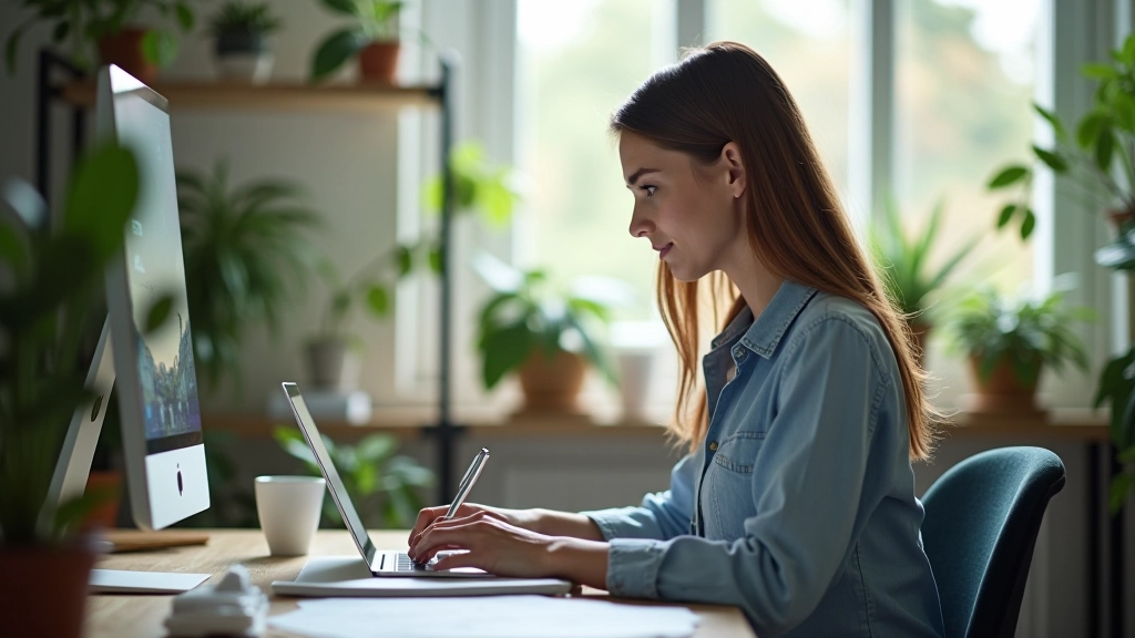 Modern tasarım stüdyosu, grafik tablet ve bilgisayar ile çalışan yaratıcı profesyonel, aydınlık ve ilham verici ortam